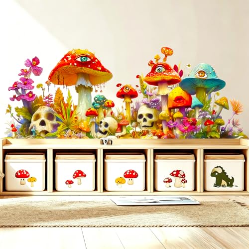 Trippy Mushroom Wall Decal Psychedelic Skull Floral Border Decor Sticker | Hippie Skull Wall Stickers, Peel and Stick Removable Flowers Vinyl Home Decor Art for Bedroom Living Room Classroom Office - style: Mushroom#3