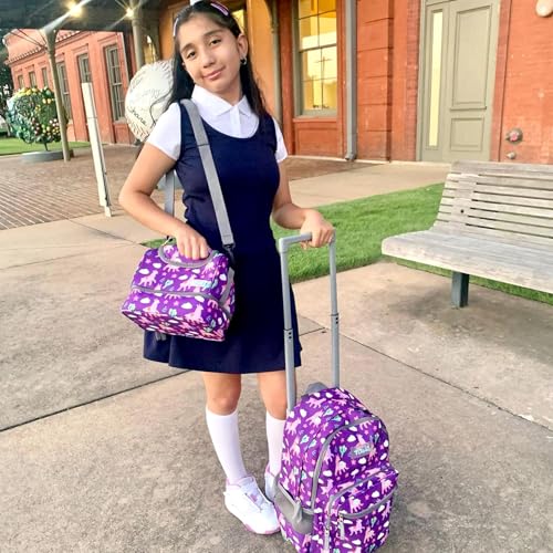 Tilami Rolling Backpack 18 inch Double Handle with Lunch Bag Wheeled Kids Backpack for Girls and Boys, Purple Alpaca - color: Purple Alpaca
