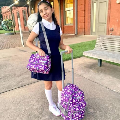 Tilami Rolling Backpack 18 inch Double Handle with Lunch Bag Wheeled Kids Backpack for Girls and Boys, Purple Alpaca - color: Purple Alpaca