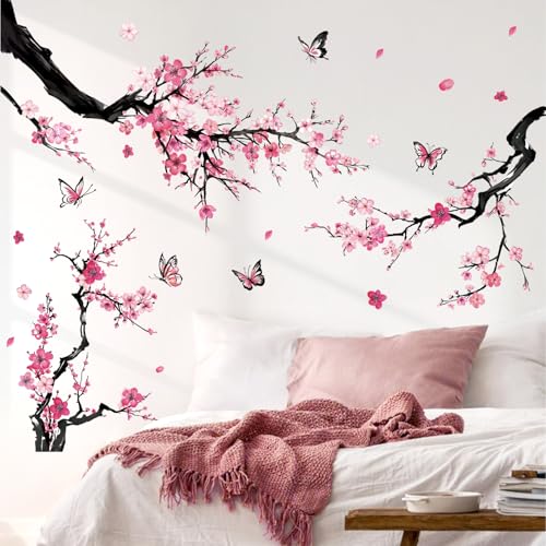 Pink Butterflies and Botanical Plum Blossom Trees Wall Stickers Vinyl Wall Decals for Nursery Bedroom Living Room Bathroom - color: Pink Plum