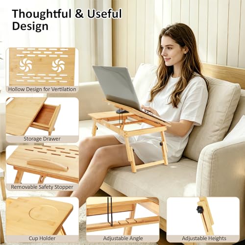 Laptop Desk for Bed, Foldable Bed Tray, Adjustable Angle & Height | Bamboo Laptop Stand with Cup Holder and Drawer, Portable Lap Desk for Couch Sofa Floor, Ideal for Breakfast, Writing, Drawing