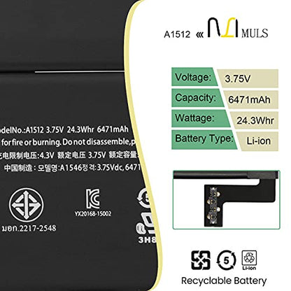 MULS A1512 Tablet Battery for Apple iPad mini 2 & iPad mini 3 A1489 A1490 | A1491 A1599 A1600 A1601 ME276LL/A MF066LL/A MF247CH/A MGNV2LL/A MH3F2LL/A MGPW2CH/A MF544LL/A MF569LL/A MF580LL/A 24.3Wh - size: 6.50*4.41*0.79 in A1512