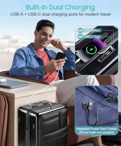 Carry On Luggage 20x14x9 Airline Approved, 20 Inch Spinner Suitcase with Front Laptop Pocket, USB A & C Ports, TSA Lock, Expandable Hardshell Carry-on Bag with Wheels, Hybrid Front Access - color: Black, size: 20 inch