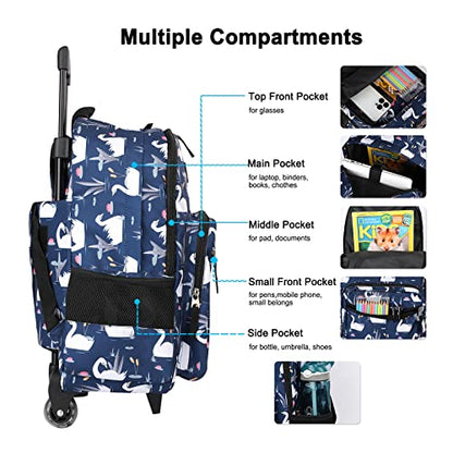 Tilami Rolling Backpack 18 inch Double Handle with Lunch Bag Wheeled Kids Backpack, Swan Blue - color: Swan Blue