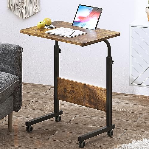DlandHome 23.6 Inches Rolling Desk with Wheels Adjustable Height, Retro | Mobile Standing Desk Small Side Table Portable Laptop Cart PC Table, C-Shaped Bed Couch End Tables, Livingroom Bedroom - color: Retro Style, size: 23.6 Inch