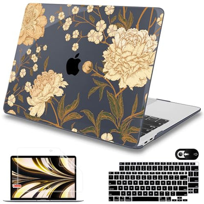 Mektron Case for MacBook Air 13 inch M1 A2337 A2179 A1932,Hard Cover 2018-2021 Air 13-inch with Touch ID, Exclusively Designed Protective Shell with Keyboard Skin+Screen Protector, Peony Flowers C186 - color: Peony Flowers C186