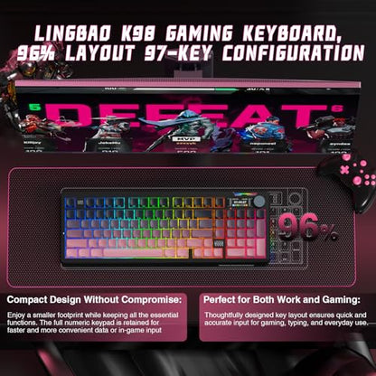 LINGBAO K98 PRO Wireless Mechanical Gaming Keyboard with Screen & Knob | Tri-Mode BT5.0/2.4G/USB-C, Gasket Mount Hot Swappable Linear Switches, RGB Backlit Creamy Sounding for PC/Mac Office& Gaming - color: K98Pro | 10000mAh | Gradient Black Pink