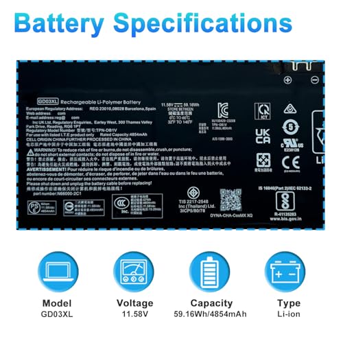 59.16Wh GD03XL N66215-005 Laptop Battery Replacement for HP Envy x360 14 2-in-1 14-fa0000 14-fc0000 14-fc0078TU OmniBook X 14-fe0000 EliteBook Ultra G1q Series GD03059XL N66000-1E1 N66000-2C1 - size: 7.28*3.62*0.25inch GD03XL