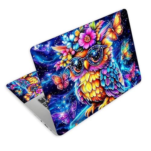 Universal Laptop Skin Decal, 3-Piece Vinyl Protector for 12 13 14 15.6" Notebook, Waterproof Anti-Scratch, Easy Trim & Bubble-Free Finish, Owl with Large Glasse and Flower - color: Owl with Large Glasse and Flower