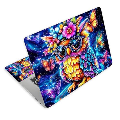Universal Laptop Skin Decal, 3-Piece Vinyl Protector for 12 13 14 15.6" Notebook, Waterproof Anti-Scratch, Easy Trim & Bubble-Free Finish, Owl with Large Glasse and Flower - color: Owl with Large Glasse and Flower