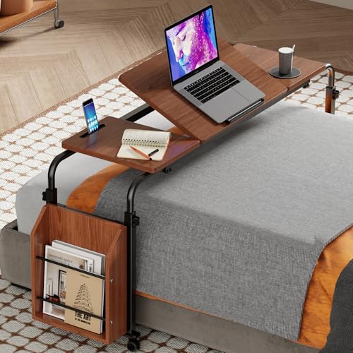 Overbed Table with Wheels, Tilting Overbed Desk Adjustable Height & Length, Queen Over Bed Table with Storage Cabinet, Rolling Laptop Desk for Bedroom, Living Room, Hospital (Brown, 47.24in) - color: Brown, size: 47.24in