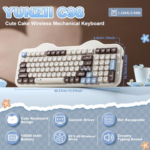 YUNZII C98 Wireless Mechanical Keyboard with Number Pad,98 Key BT5.0/2.4G/USB-C Hot Swap Gasket Mount with PBT MOA Keycaps,Custom RGB,Cute Cake Keyboard for Win/Mac (Choco, Milk V2 Linear Switch) - color: Choco, size: Milk V2 Linear Switch