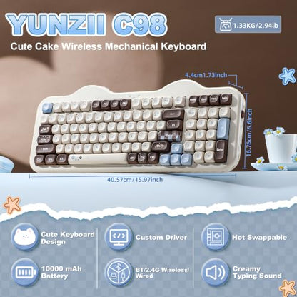 YUNZII C98 Cute Cake Wireless Mechanical Keyboard(Choco, Candy Switch) | 99 Keys with Number Pad, Hot Swap, PBT MOA Keycaps, BT5.0/2.4G/USB-C, Gasket Mount, Custom RGB Backlit for Win/Mac - color: Choco, size: Candy Linear Switch