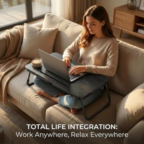 BUYIFY 23.4" Foldable Lap Desk Bed Table with Cup Holder Tray Charcoal | Portable Folds Flat for Easy Storage, No Assembly Laptop Bed Desk, Sturdy and Lightweight, Patent Design - color: Charcoal