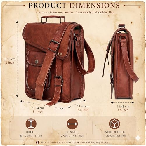 Leather Satchel Tablet Bag Laptop Case Office Briefcase Messenger Gift for Men Computer Distressed Shoulder Bag - size: 15 inch