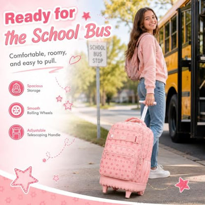 3Pcs Rolling Backpack for Girls Women, School Kids Roller Bookbag with Wheels, Wheeled Backpacks Set for Elementary (Pink) - color: Star Pink