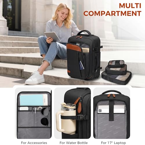 Vancropak Travel Backpack with Wheels, Rolling Backpack Fits 17.3" Laptop | Flight Approved Wheeled Luggage, Expandable Business Travel Suitcase, Womens Work Backpack, 3 Packing Cubes, Water Resistant - color: Black Brown