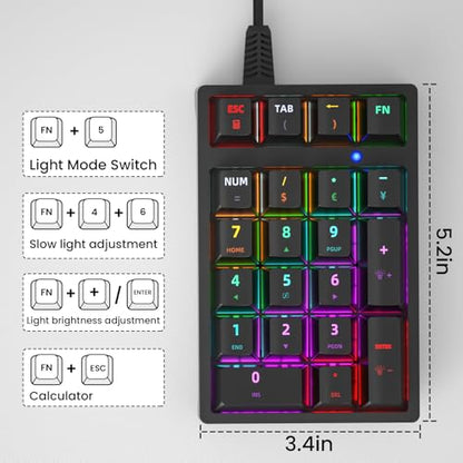 Gurjot Number Pad, Mechanical USB Wired Numeric Keypad with Color Backlit 21 Key Numpad for Laptop Desktop Computer PC Black (Blue Switches) - color: Black Number Pad