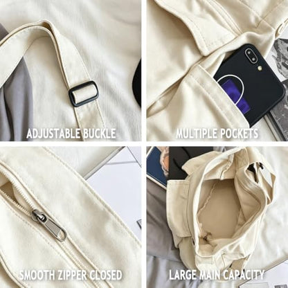 Canvas Messenger Bag Large Crossbody Bag with Multiple Pockets Canvas Shoulder Tote Bag for Women and Men - color: White