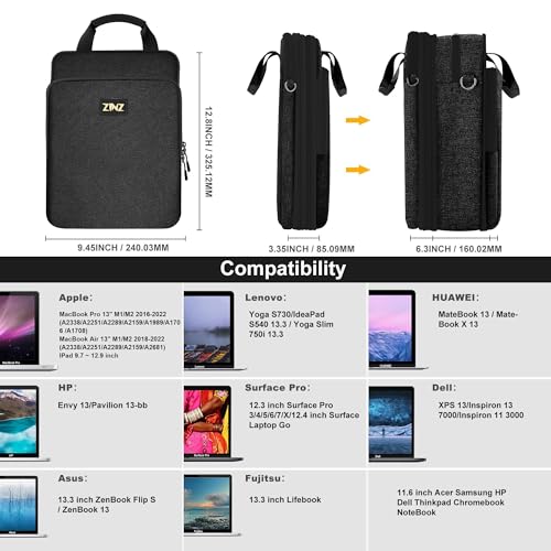 Laptop Shoulder Bag 12.3-13 inch Case Sleeve, Expandable Handbag with Valuables Compartment Compatible with MacBook Air/Pro/Neo 13", iPad 12.9"/13"/11", Shockproof,Black - color: Black