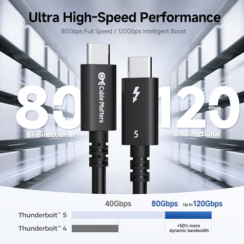 Cable Matters [Intel Certified] 80Gbps Thunderbolt 5 Cable, 3.9ft / 1.2m | [Up to 120Gbps Boost, 8K@120Hz / 6K@240Hz / 4K@540Hz with DSC, 240W, 80G Data Transfer], Black, Supports TB 4/3, USB4, USB-C - color: Black, size: 3.9 ft