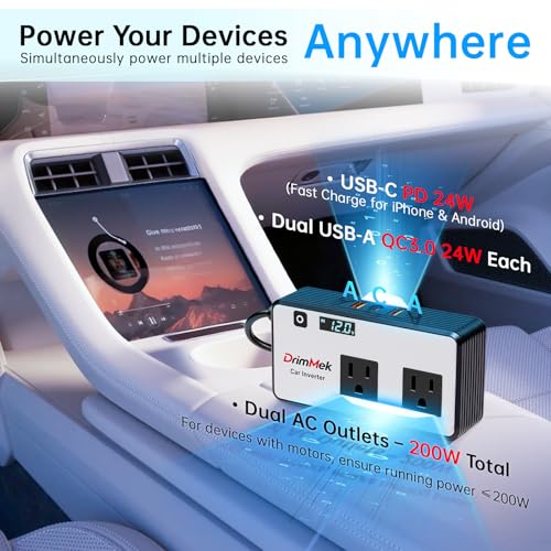 DrimMek 272W Car Power Inverter, Car Plug Adapter Outlet 12V to 110V Converter with 3 * 24W USB Fast Charging Port, Dual AC Outlet for Laptop, Vehicles, Camping (LED Display) - color: White