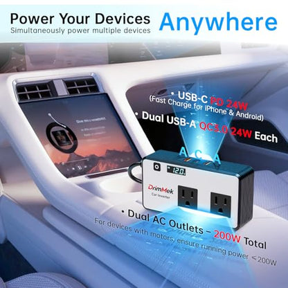 DrimMek 272W Car Power Inverter, Car Plug Adapter Outlet 12V to 110V Converter with 3 * 24W USB Fast Charging Port, Dual AC Outlet for Laptop, Vehicles, Camping (LED Display) - color: White