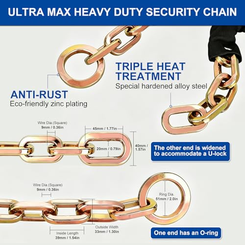 Heavy Duty Security Chain, 10FT x 3/8" Thick | Hardened Steel, Cut Proof, Anti-Theft Lock Chain, For Motorcycles, Bikes, ATVs, Trailers, Containers - size: 10ft chain without lock