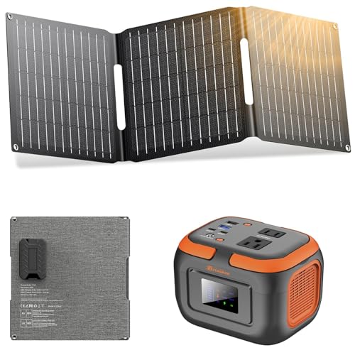 Portable Power Station with Foldable Solar Panel 30W, Portable Power Bank with AC Outlet 110V 120W, USB-C for Smart Devices Camping RV Travel VanLife Hiking Fishing-Orange