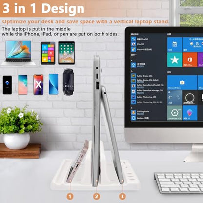 Vertical Laptop Stand Holder, ABS Organizer with Adjustable Dock, 3/4 in 1 Design Extra Storage Space-Saving, Sturdy Laptop Computer Holder for PC, MacBook, Mini PC, iPad (White, 1 Slot) - color: White