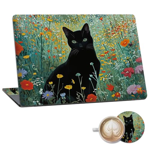 Laptop Skin Sticker Decal 15.6 Inch,12 13 13.3 14 15 15.6 in Laptop Netbook Skins for Notebook,Art Decal Removable Waterproof Scratch Resistant,Universal Vinyl Cover,Black Cat Wildflower - color: Black Cat Wildflower