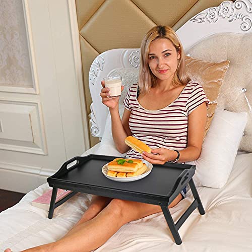 Bed Tray Table with Folding Legs Wooden Serving Breakfast in Bed or Use As a, Platter, TV Table Laptop Computer Tray Snack Tray Large Size - color: Black-large