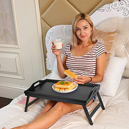 Bed Tray Table with Folding Legs Wooden Serving Breakfast in Bed or Use As a, Platter, TV Table Laptop Computer Tray Snack Tray Large Size - color: Black-large