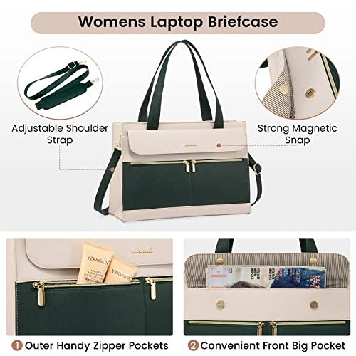 LOVEVOOK Laptop Tote for Women - 15.6 Inch Professional Leather Computer Briefcase with Waterproof Handbag Shoulder Bag Large Capacity Business Teacher Office Crossbody Purse - color: Dark Green/Beige-1, size: 15.6 Inch