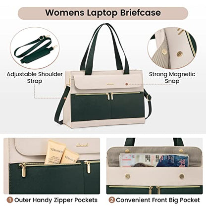 LOVEVOOK Laptop Tote for Women - 15.6 Inch Professional Leather Computer Briefcase with Waterproof Handbag Shoulder Bag Large Capacity Business Teacher Office Crossbody Purse - color: Dark Green/Beige-1, size: 15.6 Inch