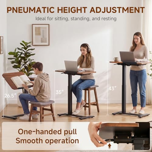 GTPLAYER Pneumatic Adjustable Standing Desk, 28 Inch Tiltable Mobile Rolling Laptop Table with Wheels, Overbed Bedside Table Computer Workstation for Home Office, Walnut - color: Walnut