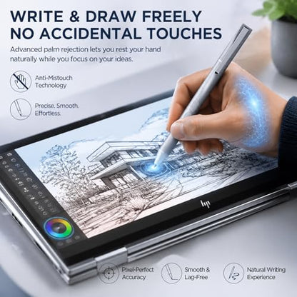 Active Digital Pen for HP Envy x360 Pavilion Spectre Omnibook Touchscreen | MPP 1.51, 2500H Battery Life, 1024 Pressure, Palm Rejection, Dual Side Button Pixel-Perfect Precision for Drawing Note Taking - color: silver