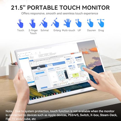 Prechen 21.5 Inch Portable Touchscreen Monitor, 1080P Computer Touch Screen w/VESA Stand Touch PC Display, 75Hz, Multi-Touch Monitor, DC HDMI & USBC for Phones PC Phone Business,White