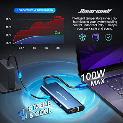 Hiearcool USB C Hub, 8in1 USB-C to 4K 60Hz HDMI Docking Station, USBC Ethernet Multi-Port Adapter 100W PD Dock Compatible for MacBook Pro Air M1 Dell HP Lenovo and Other C Devices-Midnight Blue - color: Midnight Blue