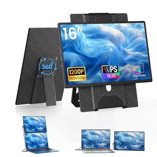 Laptop Screen Extender Portable Monitor - Dual 16" 1200P FHD Travel Monitor Fit for 13-17" Laptops Plug & Play 360° Rotating Detachable Stand Height Adjustable for Travel/Work/Study - size: 16.2"
