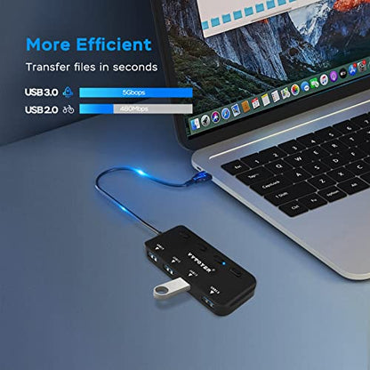 4-Port USB 3.0 Hub, VVTOYER Portable USB Hub Splitter for Laptop, with Individual Power Switch and USB-C Adapter - color: 1103CT black