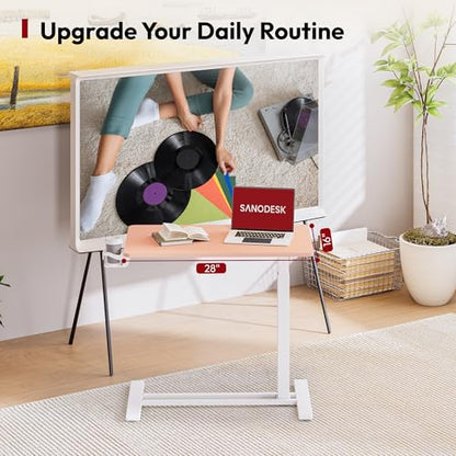 SANODESK Mobile Standing Desk with Hidden Wheels,Pneumatic Laptop Desk Rolling Computer Cart Movable Height Adjustable Small Sit Stand Desk for Home Office(27.6" W x 15.7" D, Pink) - color: Pink, size: 28x16