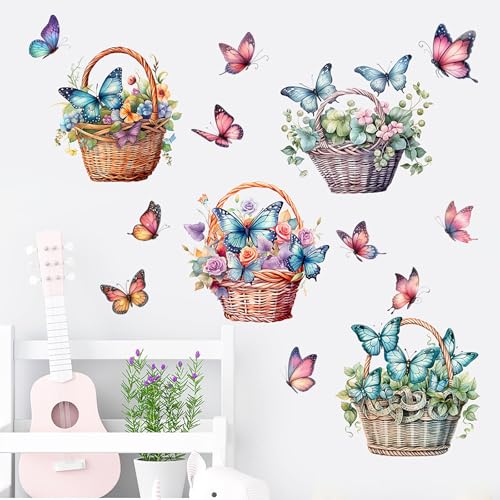 Flower Basket Butterfly Wall Stickers Bedroom Bathroom Restroom Cistern Nursery Decor DIY Removable Bouquet Toilet Seat Lid Decals 4 Pcs (Green) - color: Green