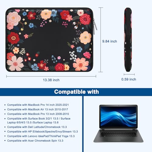 MOSISO Laptop Case 13.3 inch, 13-13.3 inch Laptop Sleeve Compatible with MacBook Neo/Air 13.6/Pro 13/Pro 14, HP Dell ASUS Lenovo, Neoprene Computer Sleeve Bag with Small Case, Ink Dyed Flowers