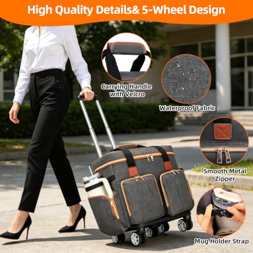 Rolling Teacher Tote Bag with Detachable Trolley, 5-Wheeled Teacher Bag with 15.6 inch Laptop Compartment& Accordion File Organizer, Multifunctional Rolling Briefcase for Teaching& Office
