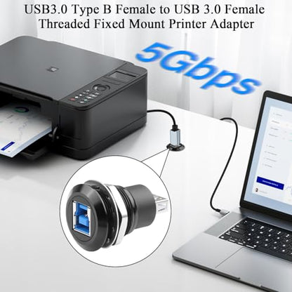 QIANRENON 5Gbps USB3.0 B to A Threaded Fixed Printer Adapter USB3.0 Type B Female to USB Female Embedded Panel Mount Data Connector SuperSpeed USB B to A, for External Hard Drive, Scanner