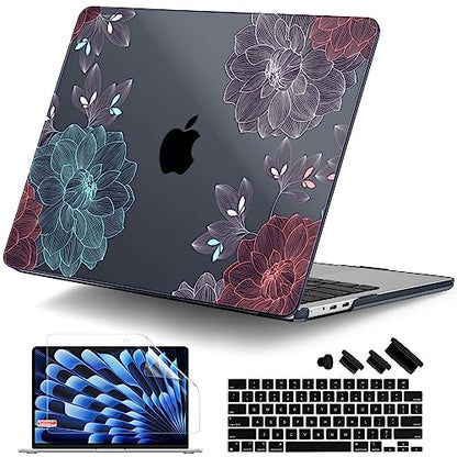 DONGKE for MacBook Air 13 Inch Case M5 2026 M4 2025 M3 M2 2024-2022 A3449 A3240 A3113 A2681, Plastic Hard Shell & Keyboard Cover & Screen Film for MacBook Air 13.6 Inch Case - Dahlia Flowers - color: Dahlia Flowers