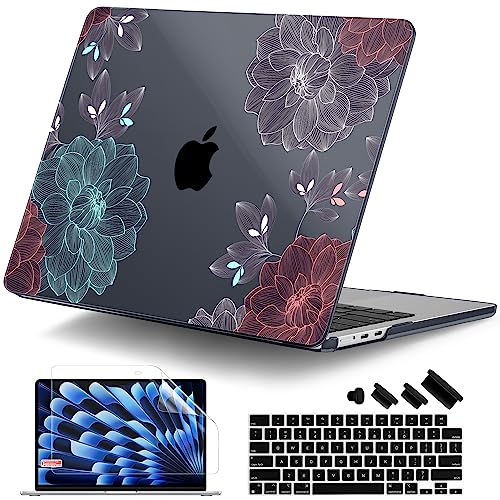 DONGKE for MacBook Air 13 Inch Case M5 2026 M4 2025 M3 M2 2024-2022 A3449 A3240 A3113 A2681, Plastic Hard Shell & Keyboard Cover & Screen Film for MacBook Air 13.6 Inch Case - Dahlia Flowers - color: Dahlia Flowers