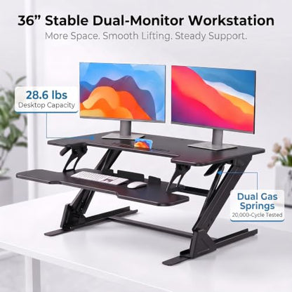 HUANUO 36" Z Shaped Stable Standing Desk Converter, Height Adjustable Sit Stand Up Desk Riser, Dual Monitor and Laptop Workstation with Wide Keyboard Tray, Desk Lifter for Home Office,Black
