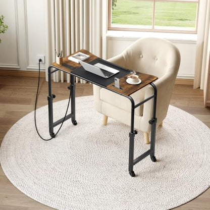 Overbed Table with Wheels and Height Adjustable, Recliner Table with Charging Station, Over the Bed Desk for Bed, Sofa, Office, Rustic Brown and Black SF05UBR